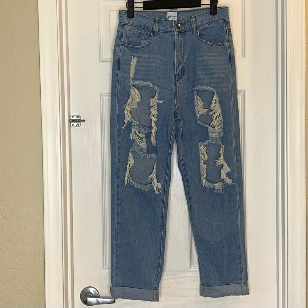 Princess Polly Distressed High Rise Rolled Cuff Jeans Size 8